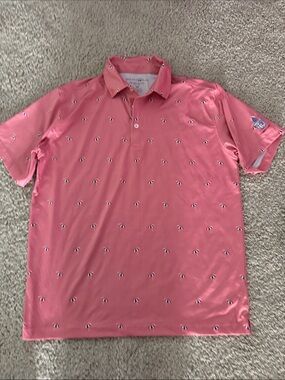 Men's Coral Pink Performance Polo with Micro Umbrella Print